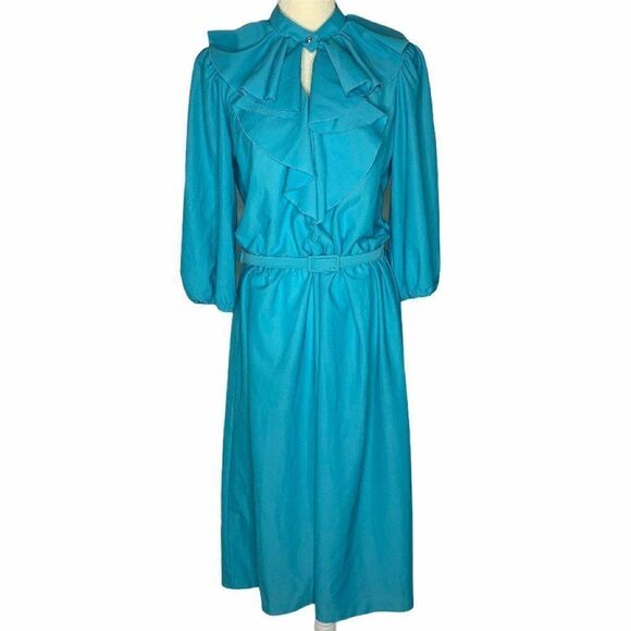 Vintage Key Hole Ruffle Midi Dress M Blue - Picture 2 of 10